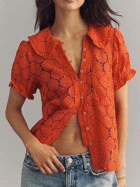 Anthropologie Pilcro Keira Lace Peter Pan Collar Blouse Spicy Orange Bright Red